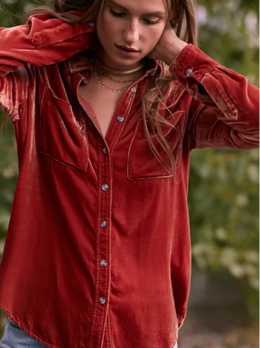 Umgee Velvet Button Front Shirt | Small | Rust Burnt Orange Pocket Boho Blouse